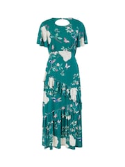 Yumi Green Mesh Bird And Floral Print Midi Dress With Ruffles - Image 5 of 5