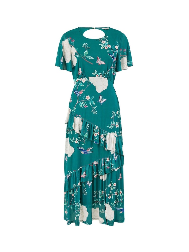 Yumi Green Mesh Bird And Floral Print Midi Dress With Ruffles - Image 5 of 5