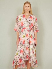 Yumi Cream Vintage Floral Wrap Midi Dress With Frill - Image 1 of 5