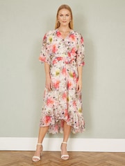 Yumi Cream Vintage Floral Wrap Midi Dress With Frill - Image 2 of 5