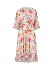 Yumi Cream Vintage Floral Wrap Midi Dress With Frill - Image 5 of 5