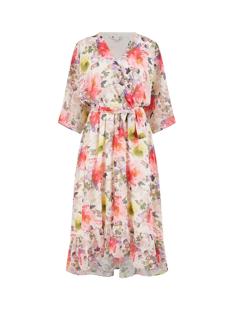 Yumi Cream Vintage Floral Wrap Midi Dress With Frill - Image 5 of 5