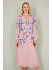 Yumi Pink Floral Placement Button Down Midi Dress With Long Sleeves - Image 1 of 5