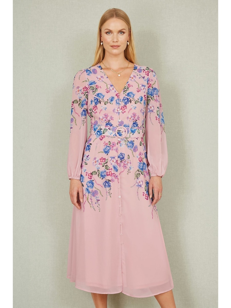 Yumi Pink Floral Placement Button Down Midi Dress With Long Sleeves - Image 1 of 5
