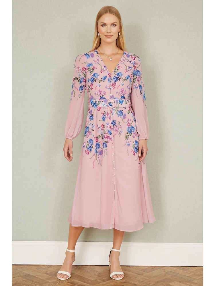 Yumi Pink Floral Placement Button Down Midi Dress With Long Sleeves - Image 2 of 5