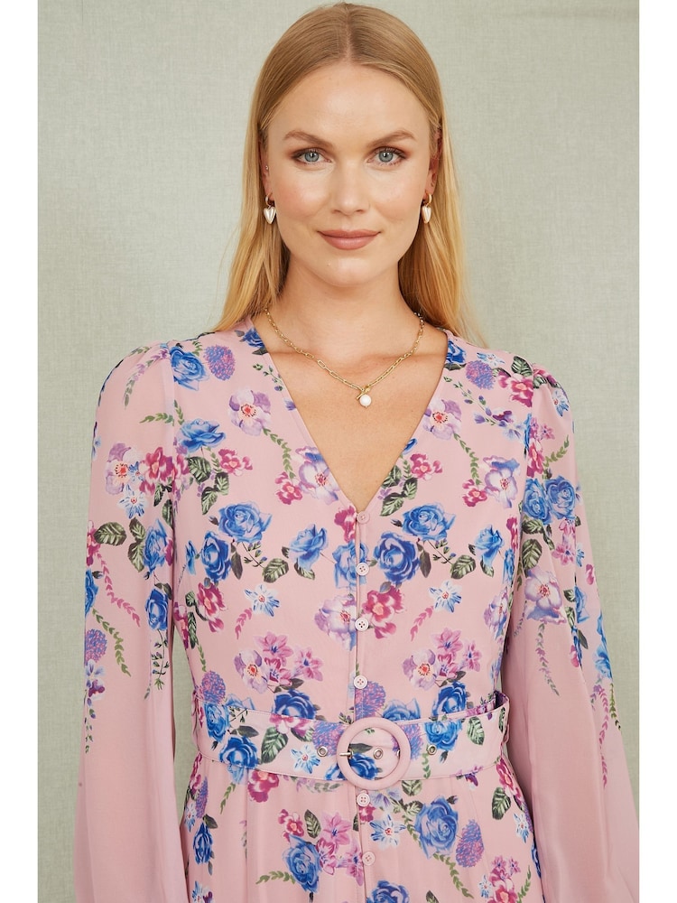 Yumi Pink Floral Placement Button Down Midi Dress With Long Sleeves - Image 4 of 5