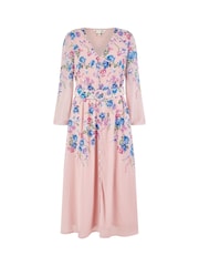 Yumi Pink Floral Placement Button Down Midi Dress With Long Sleeves - Image 5 of 5