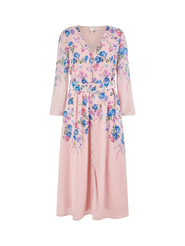 Yumi Pink Floral Placement Button Down Midi Dress With Long Sleeves - Image 5 of 5