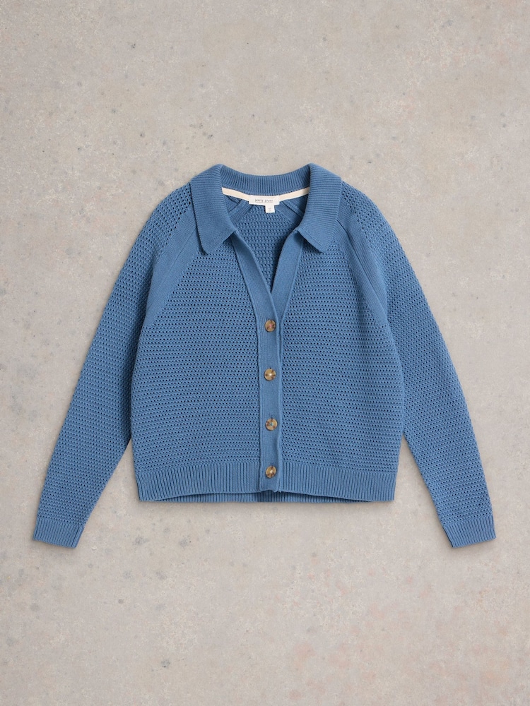 White Stuff Blue Chaterly Collar 100% Cotton Cardigan - Image 5 of 6