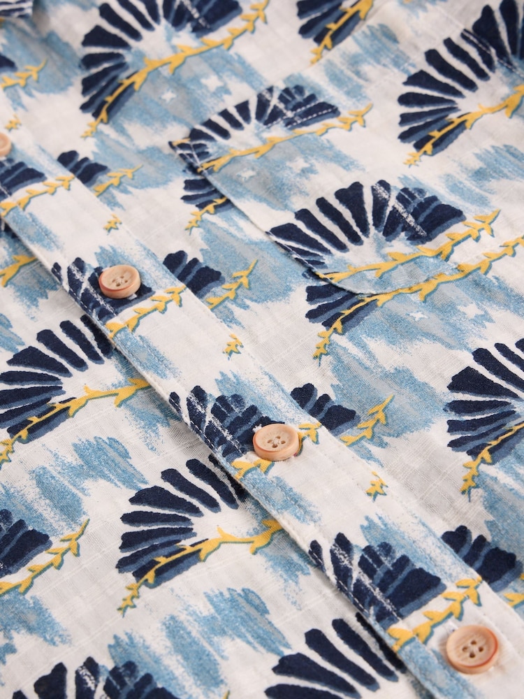 White Stuff Blue Fan Short Sleeve Printed 100% Cotton Shirt - Image 6 of 6
