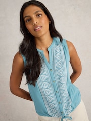 White Stuff Blue Tulip Sleeveless 100% Cotton Shirt - Image 4 of 6