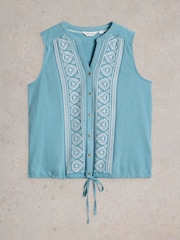 White Stuff Blue Tulip Sleeveless 100% Cotton Shirt - Image 5 of 6