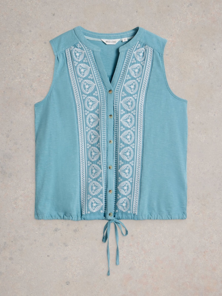 White Stuff Blue Tulip Sleeveless 100% Cotton Shirt - Image 5 of 6