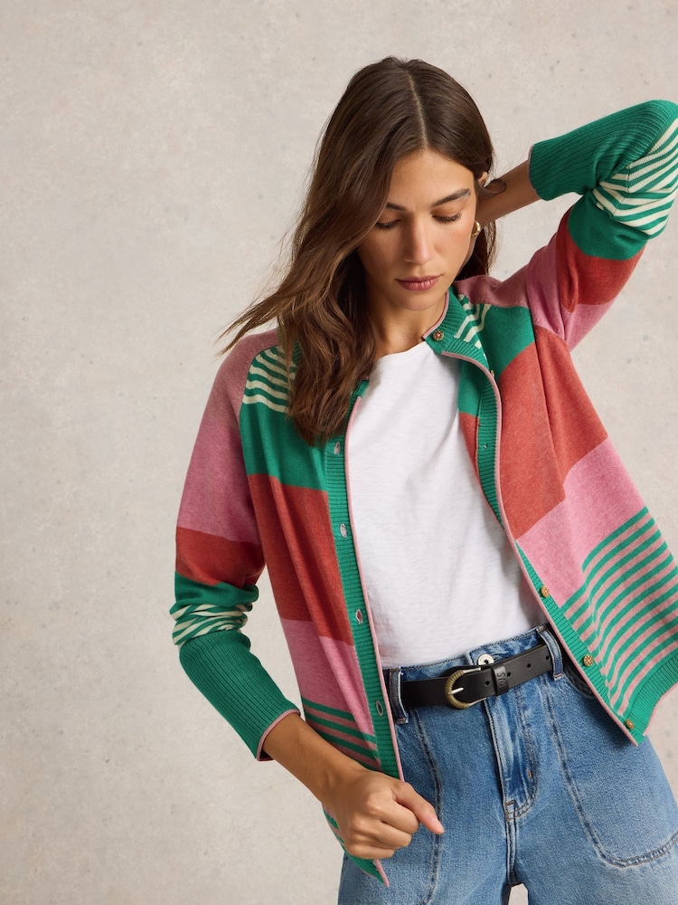 White Stuff Pink Lulu Stripe 100% Cotton Cardigan - Image 1 of 6