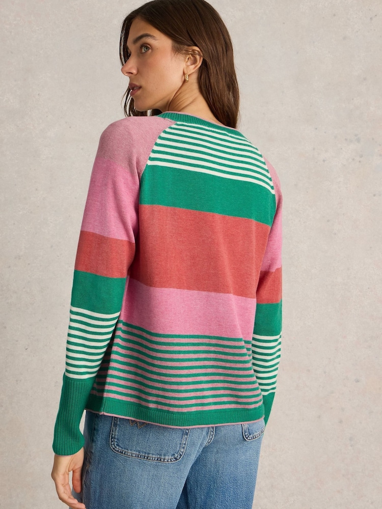 White Stuff Pink Lulu Stripe 100% Cotton Cardigan - Image 2 of 6