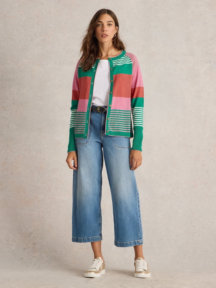 White Stuff Pink Lulu Stripe 100% Cotton Cardigan - Image 3 of 6