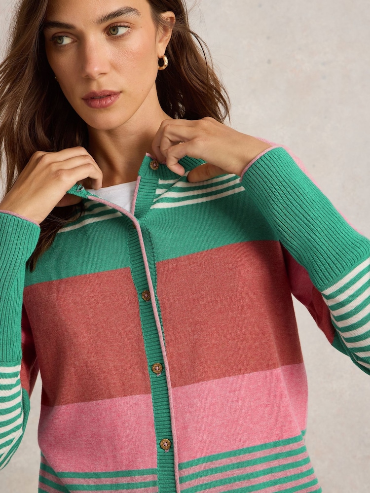 White Stuff Pink Lulu Stripe 100% Cotton Cardigan - Image 4 of 6