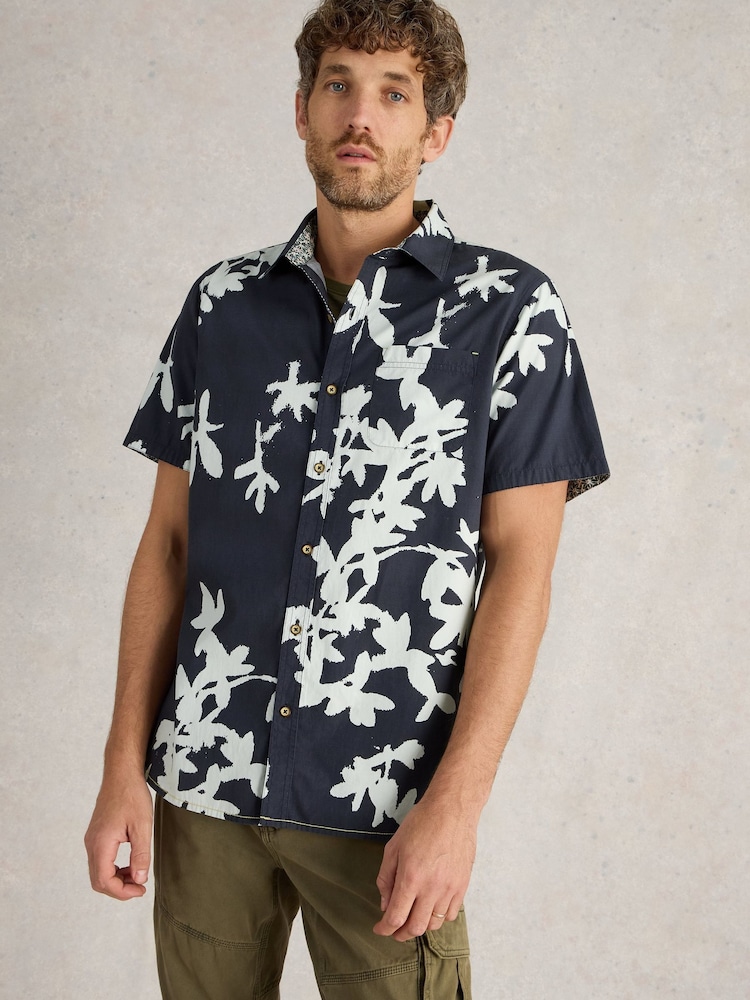 White Stuff Blue Blossom Short Sleeve 100% Cotton Printed Shirt - Image 1 of 6