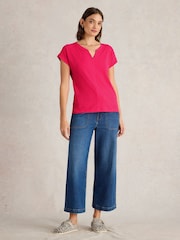 White Stuff Pink Nelly Notch Neck 100% Cotton T-Shirt - Image 1 of 6
