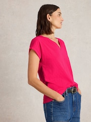 White Stuff Pink Nelly Notch Neck 100% Cotton T-Shirt - Image 4 of 6