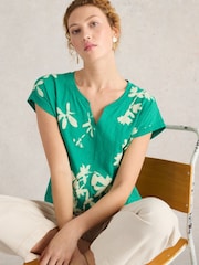 White Stuff Green Nelly Notch Neck 100% Cotton T-Shirt - Image 1 of 6