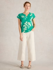 White Stuff Green Nelly Notch Neck 100% Cotton T-Shirt - Image 4 of 6