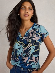 White Stuff Blue Nelly Notch Neck 100% Cotton T-Shirt - Image 1 of 6