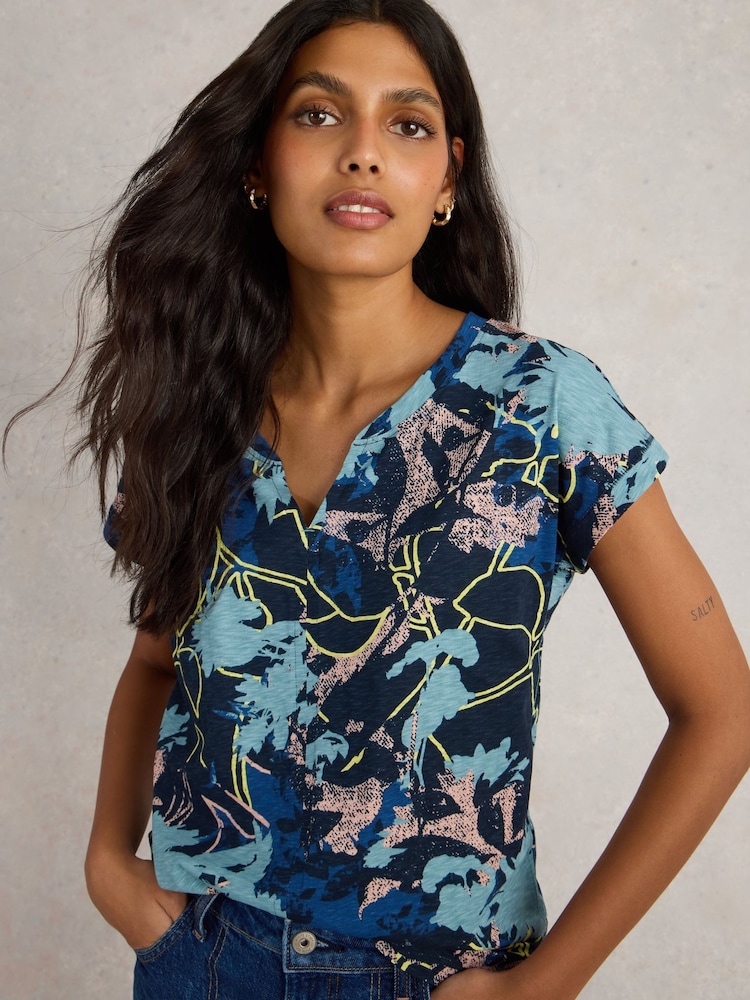White Stuff Blue Nelly Notch Neck 100% Cotton T-Shirt - Image 1 of 6