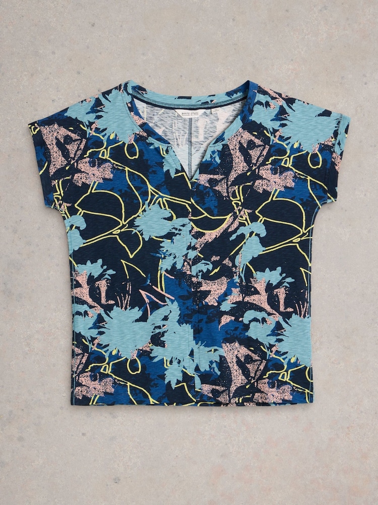 White Stuff Blue Nelly Notch Neck 100% Cotton T-Shirt - Image 5 of 6