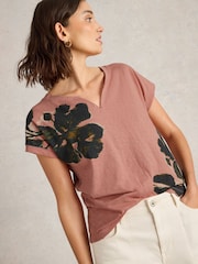 White Stuff Pink Nelly Notch Neck 100% Cotton T-Shirt - Image 1 of 6