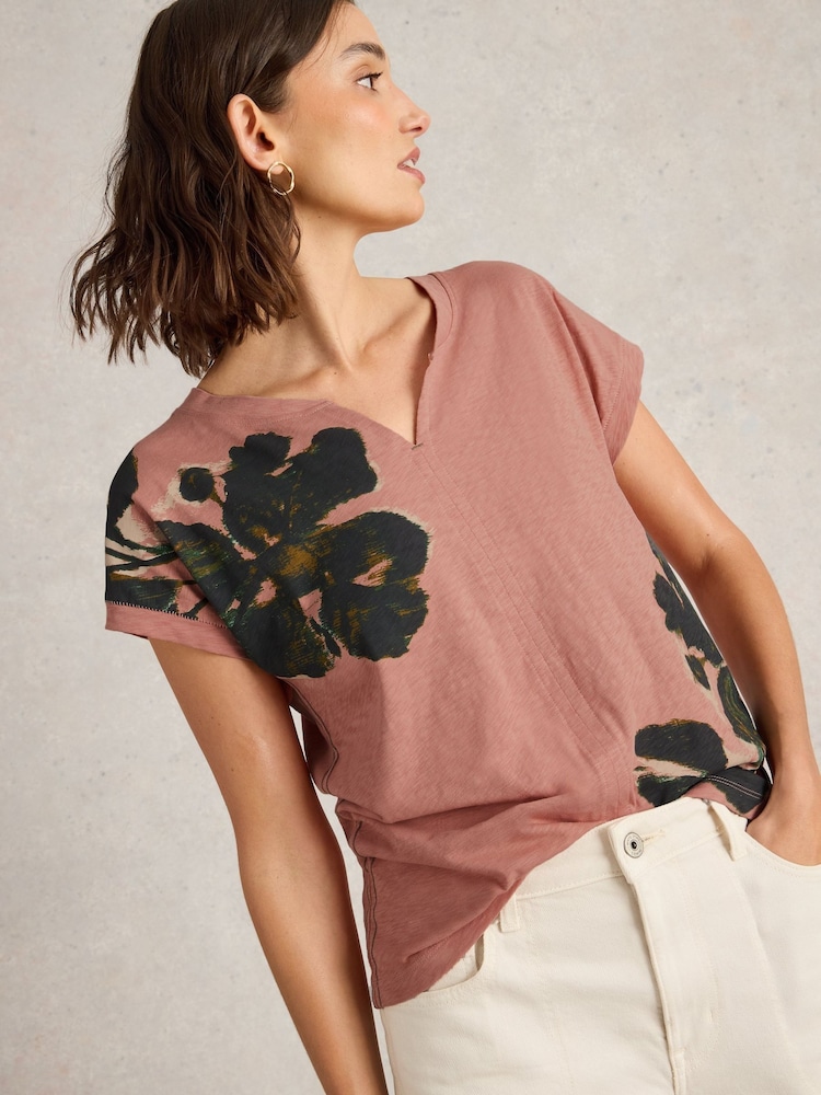 White Stuff Pink Nelly Notch Neck 100% Cotton T-Shirt - Image 1 of 6