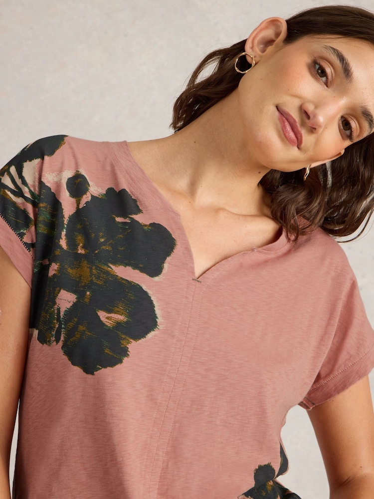 White Stuff Pink Nelly Notch Neck 100% Cotton T-Shirt - Image 3 of 6