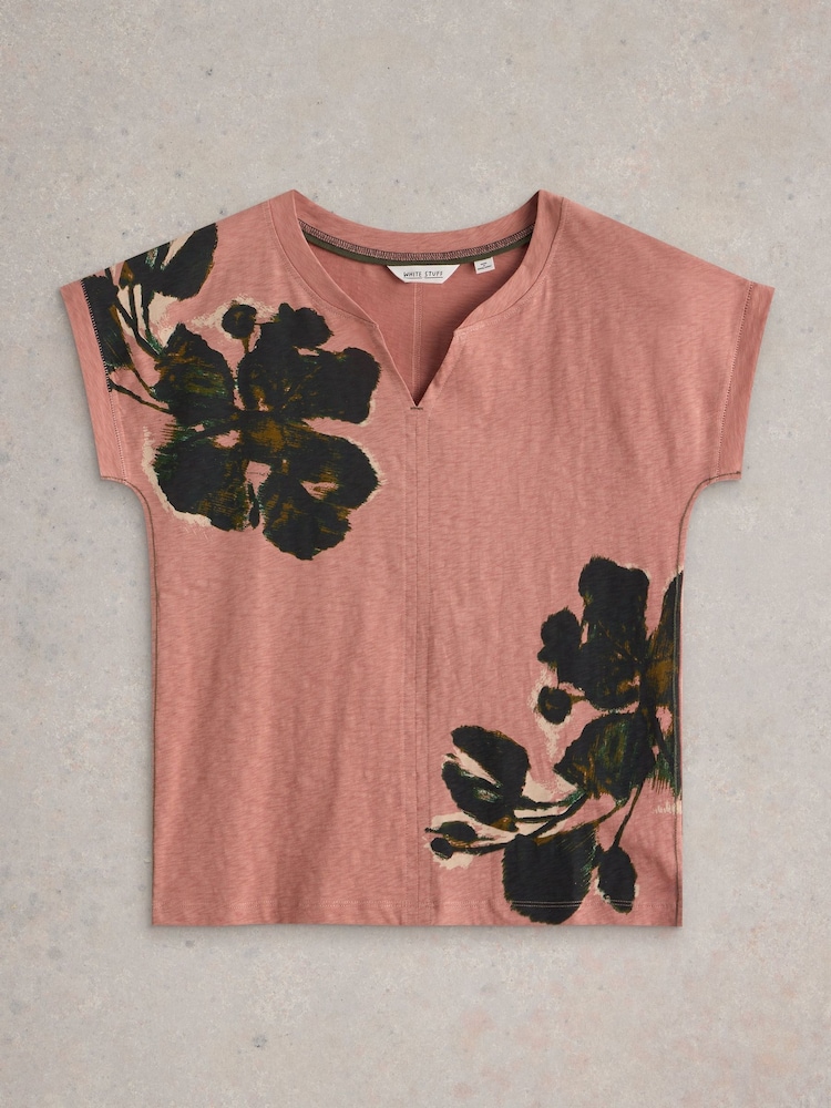 White Stuff Pink Nelly Notch Neck 100% Cotton T-Shirt - Image 5 of 6