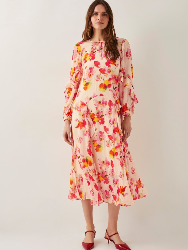 Monsoon Natural Vanna Frill Floral Print Midi Dress - Image 1 of 5