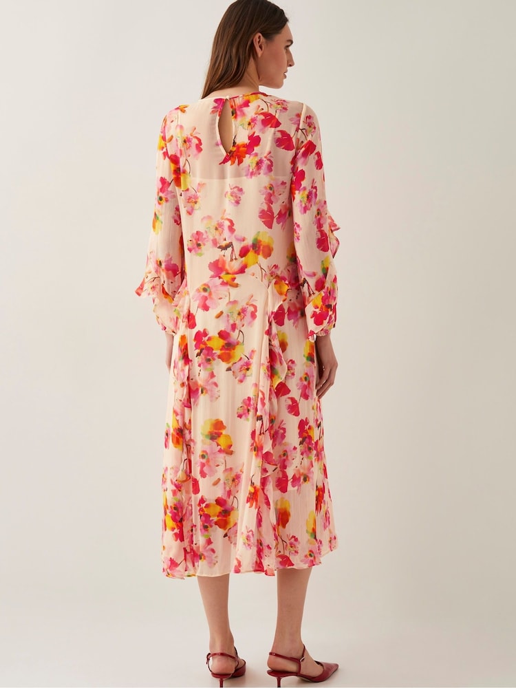 Monsoon Natural Vanna Frill Floral Print Midi Dress - Image 2 of 5