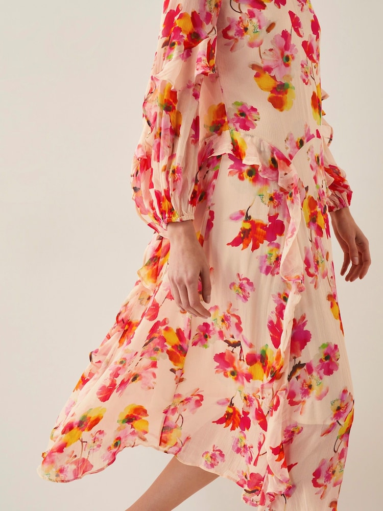 Monsoon Natural Vanna Frill Floral Print Midi Dress - Image 4 of 5