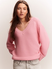 Pink Ribbed V-Neck Knitted Jumper - Image 1 of 8