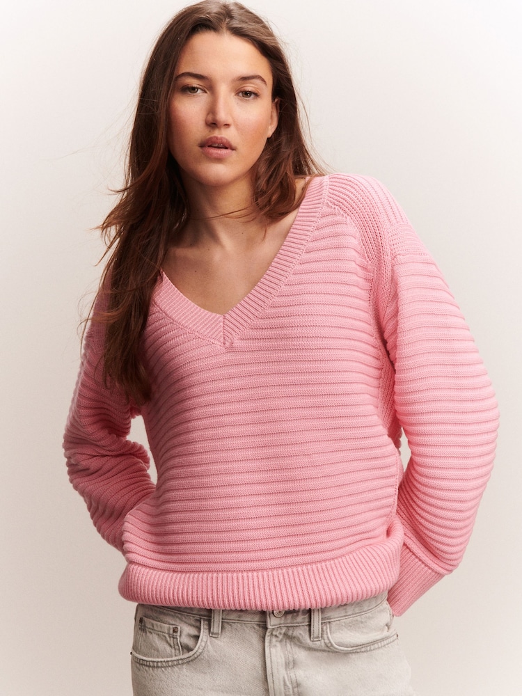 Pink Ribbed V-Neck Knitted Jumper - Image 1 of 8