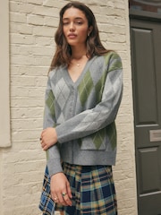 Grey/Green Argyle Supersoft V-Neck Cardigan With Pockets - Image 2 of 9