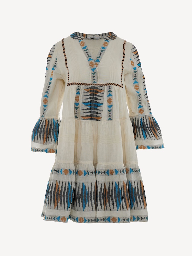 Devotion Twins Cream Paradise Embroidered Stripe 100% Cotton Short Dress - Image 1 of 2
