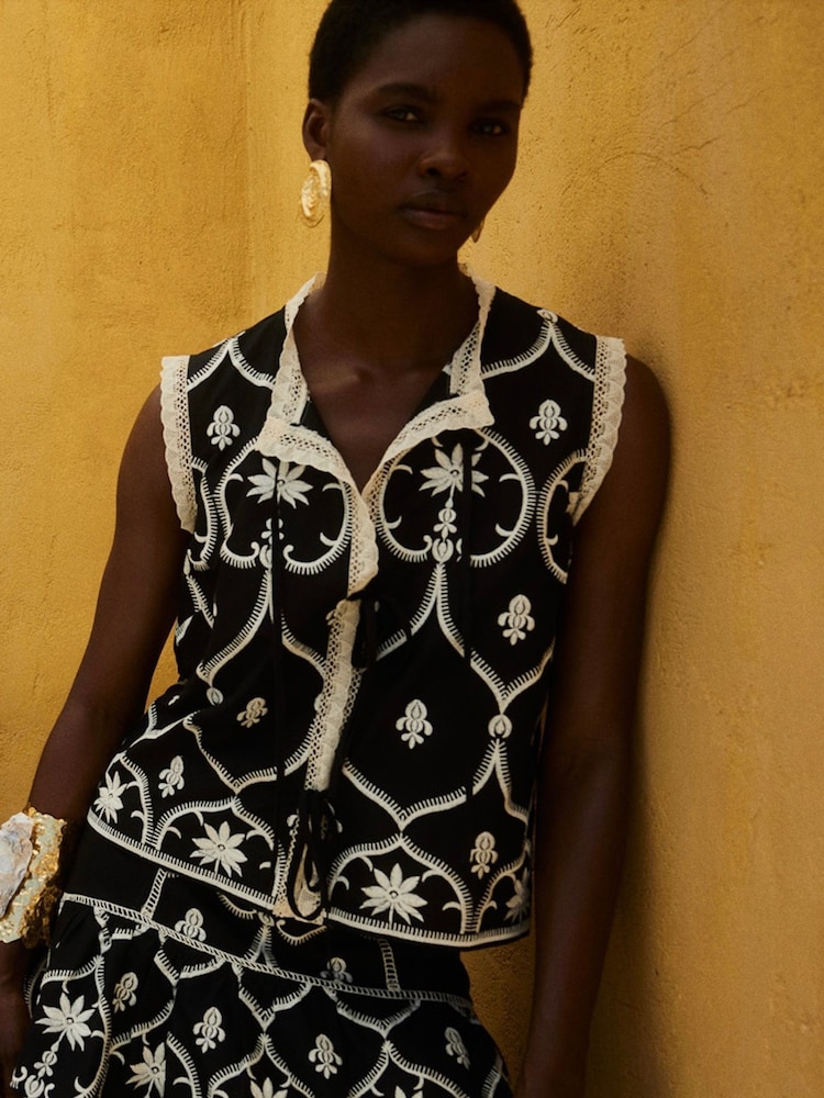 Devotion Twins Black CANNY Embroidered Tie front Blouse - Image 1 of 5 Devotion Twins Black CANNY Embroidered Tie front Blouse - Image 1 of 5
