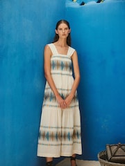 Devotion Twins Cream ELEGANT Embroidered Stripe Maxi 100% Cotton Dress - Image 1 of 4