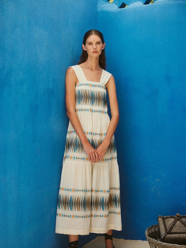 Devotion Twins Cream ELEGANT Embroidered Stripe Maxi 100% Cotton Dress - Image 1 of 4