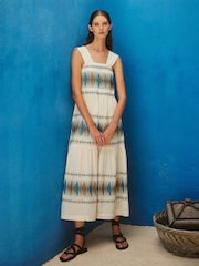 Devotion Twins Cream ELEGANT Embroidered Stripe Maxi 100% Cotton Dress - Image 2 of 4