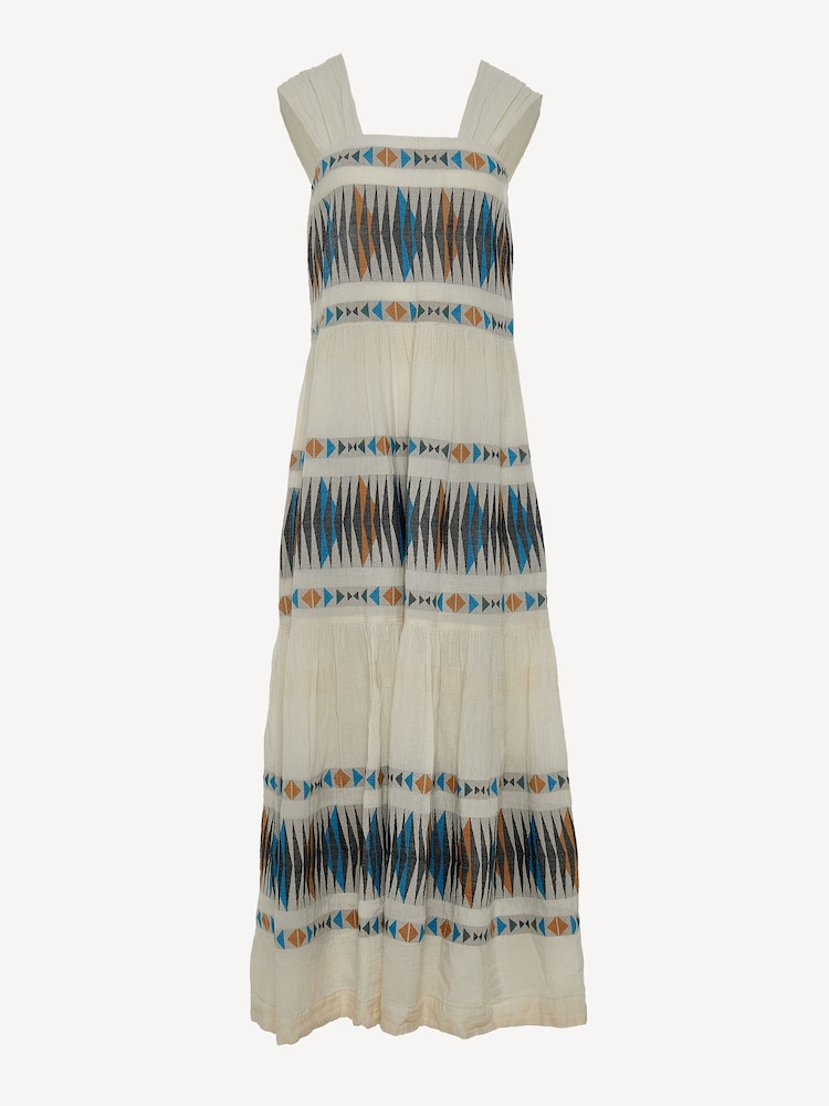 Devotion Twins Cream ELEGANT Embroidered Stripe Maxi 100% Cotton Dress - Image 3 of 4