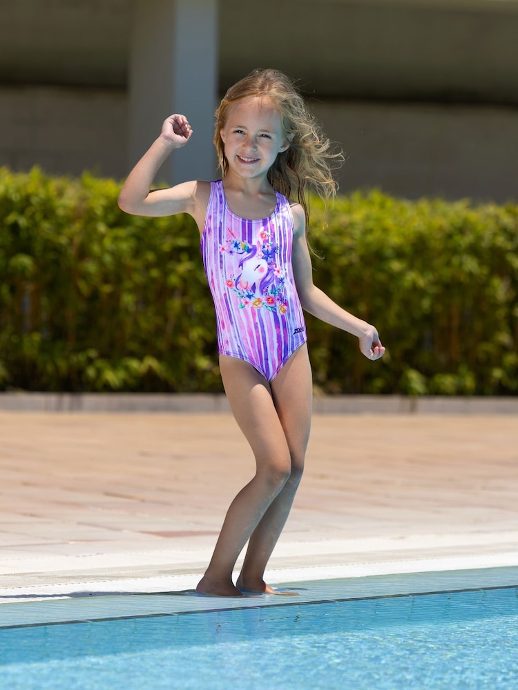 Zoggs Girls Purple Unicorn Actionback Swimsuit - Image 1 of 6