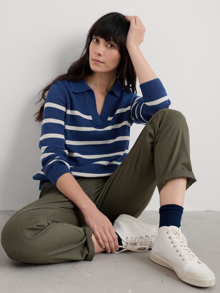 Seasalt Cornwall Blue Barbizan Long Sleeve Collared 100% Cotton Jumper - Image 1 of 5 Seasalt Cornwall Blue Barbizan Long Sleeve Collared 100% Cotton Jumper - Image 1 of 5