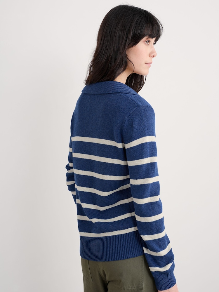 Seasalt Cornwall Blue Barbizan Long Sleeve Collared 100% Cotton Jumper - Image 2 of 5 Seasalt Cornwall Blue Barbizan Long Sleeve Collared 100% Cotton Jumper - Image 2 of 5
