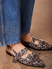 Mint Velvet Cream Leopard Print Leather Buckled Flat Shoes - Image 1 of 6