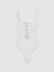 Reiss White Fabienne Ribbed Lace-Up Swimsuit - Image 2 of 5